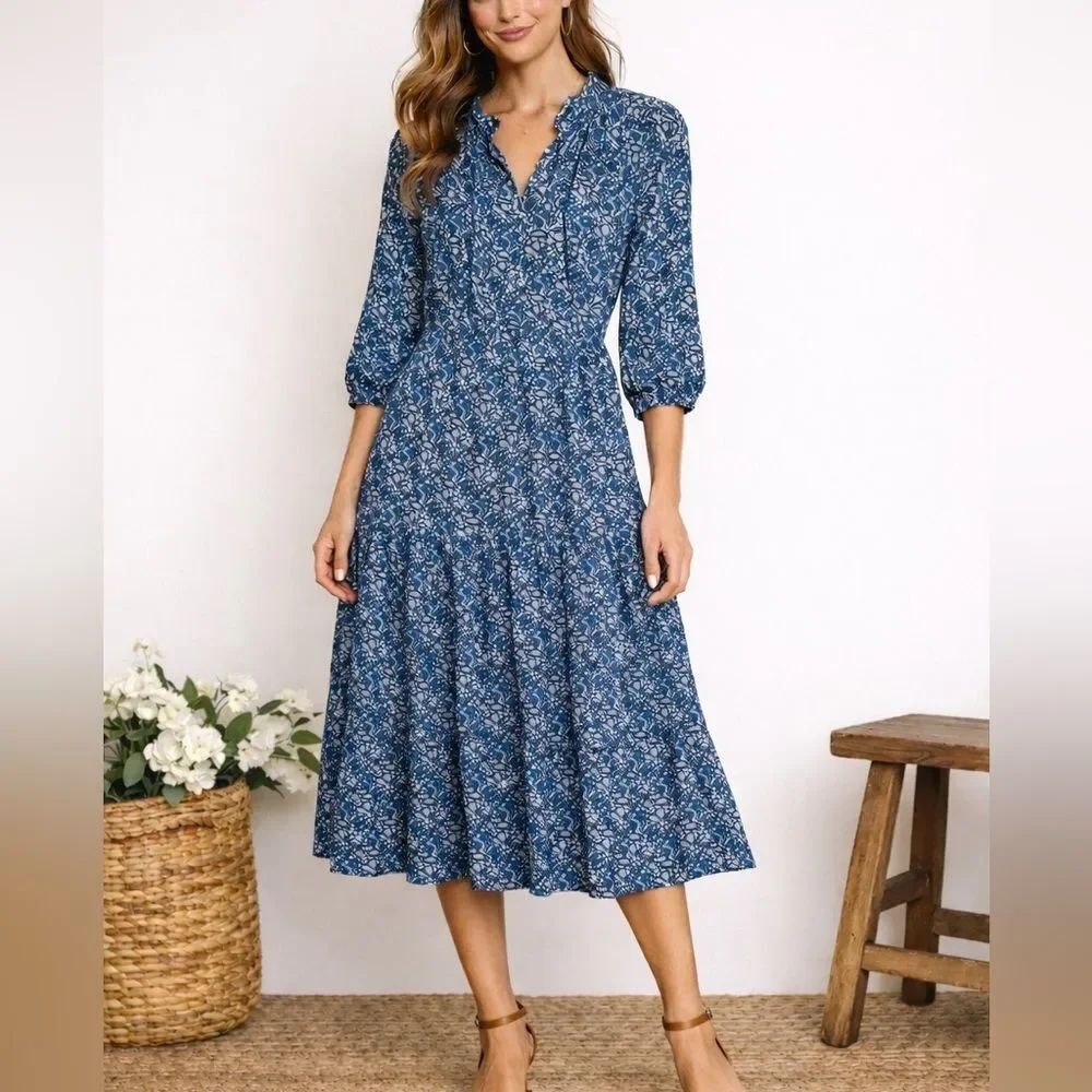 Sara Campbell Blue Floral Tiered Midi Dress 100% Cotton Size S USA